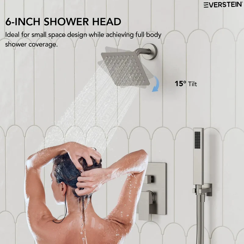 Six Inch Wall Mount Shower System With Rainfall Head And Flexible Handheld Sprayer In Smooth Brushed Nickel For A Level Up Bathroom Upgrade And Zero Fuss Daily Showers