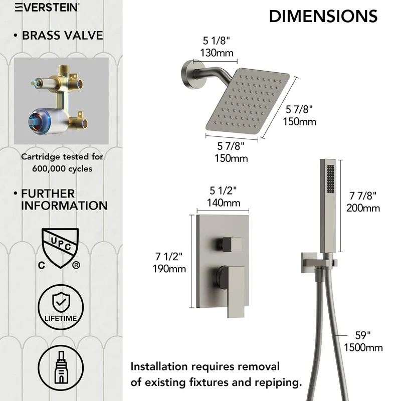 Six Inch Wall Mount Shower System With Rainfall Head And Flexible Handheld Sprayer In Smooth Brushed Nickel For A Level Up Bathroom Upgrade And Zero Fuss Daily Showers