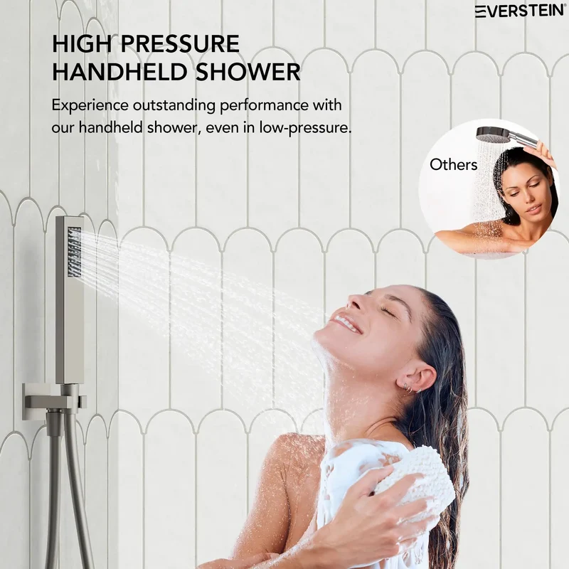 Six Inch Wall Mount Shower System With Rainfall Head And Flexible Handheld Sprayer In Smooth Brushed Nickel For A Level Up Bathroom Upgrade And Zero Fuss Daily Showers