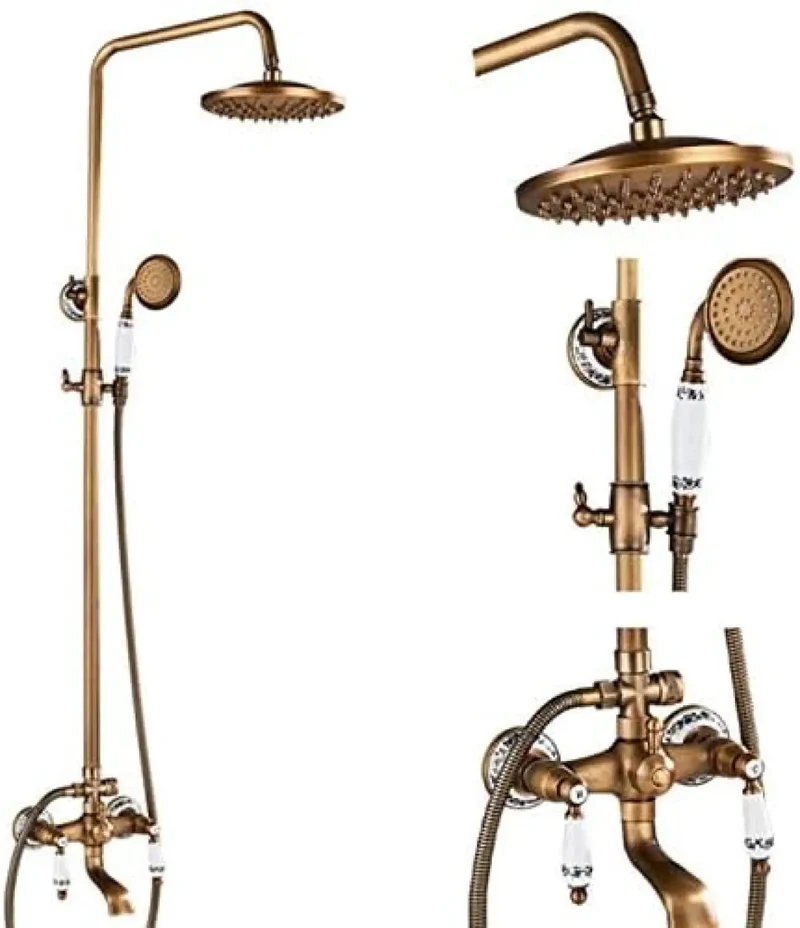 Premium Antique Brass Rainfall Shower System Wall Mount Dual Handle Faucet Kit Smooth Hookup Slick Finish Hassle Free Rock Solid Water Flow For Bath Remodels No Drama Design Top Tier Build