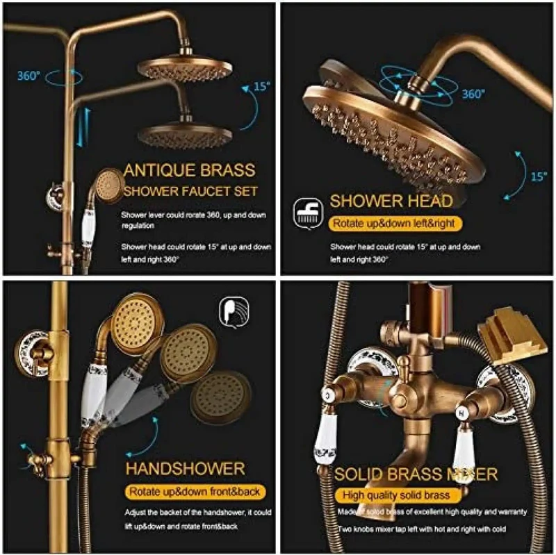 Premium Antique Brass Rainfall Shower System Wall Mount Dual Handle Faucet Kit Smooth Hookup Slick Finish Hassle Free Rock Solid Water Flow For Bath Remodels No Drama Design Top Tier Build
