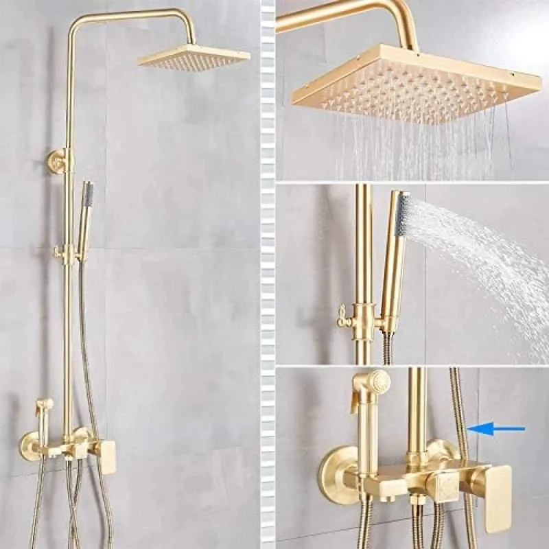Slick Brushed Gold Shower System With Rainfall Head And Hand Shower Tub Faucet Set Boasting Air Injection Flow And Zero Grime Nozzles For An Instant Luxury Bathroom Glow Up Heavy Duty Build For Everyday Chill