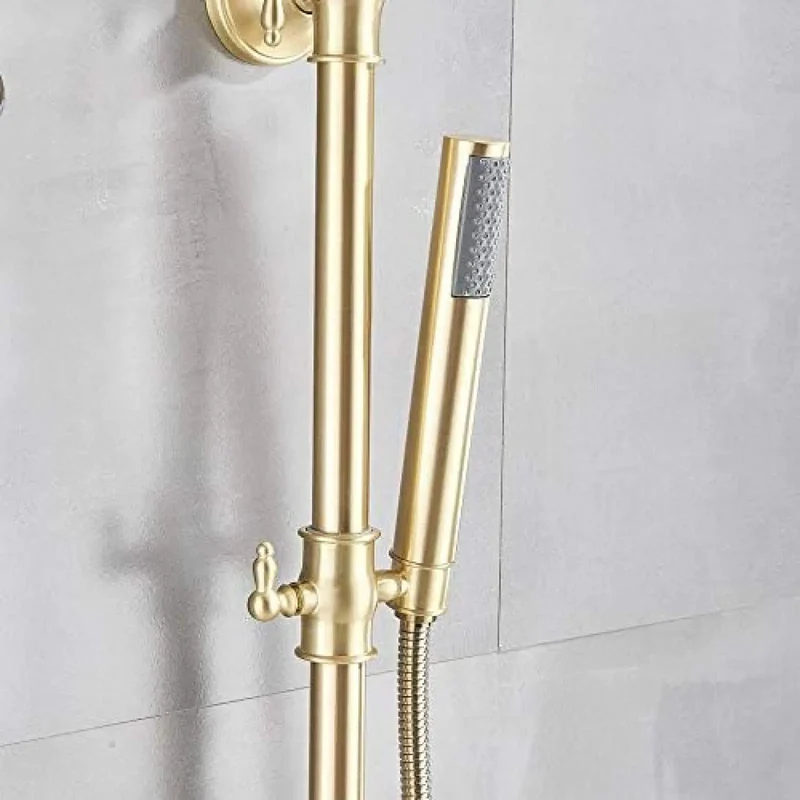 Slick Brushed Gold Shower System With Rainfall Head And Hand Shower Tub Faucet Set Boasting Air Injection Flow And Zero Grime Nozzles For An Instant Luxury Bathroom Glow Up Heavy Duty Build For Everyday Chill