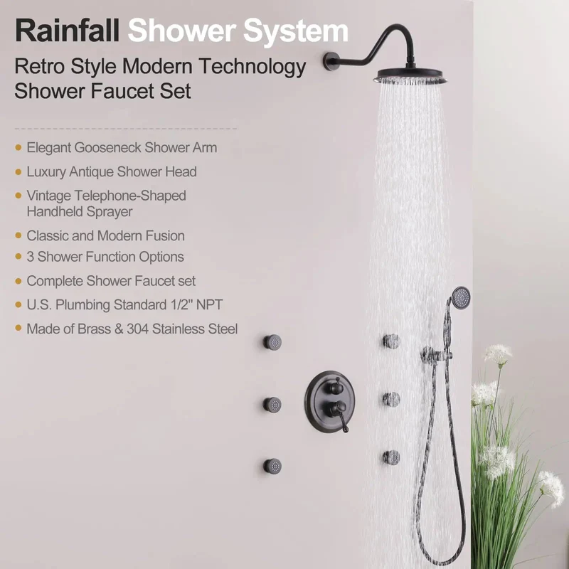 Sharp Antique Oil Rubbed Bronze Rainfall Shower Head With Comfort Grip Handheld Combo Featuring Smooth Pressure Balance Valve And Dead Simple Three Way Diverter