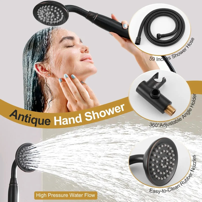 Sharp Antique Oil Rubbed Bronze Rainfall Shower Head With Comfort Grip Handheld Combo Featuring Smooth Pressure Balance Valve And Dead Simple Three Way Diverter