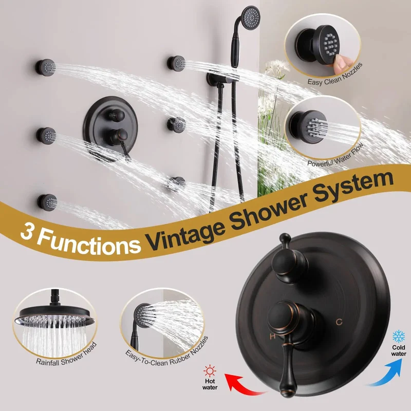 Sharp Antique Oil Rubbed Bronze Rainfall Shower Head With Comfort Grip Handheld Combo Featuring Smooth Pressure Balance Valve And Dead Simple Three Way Diverter
