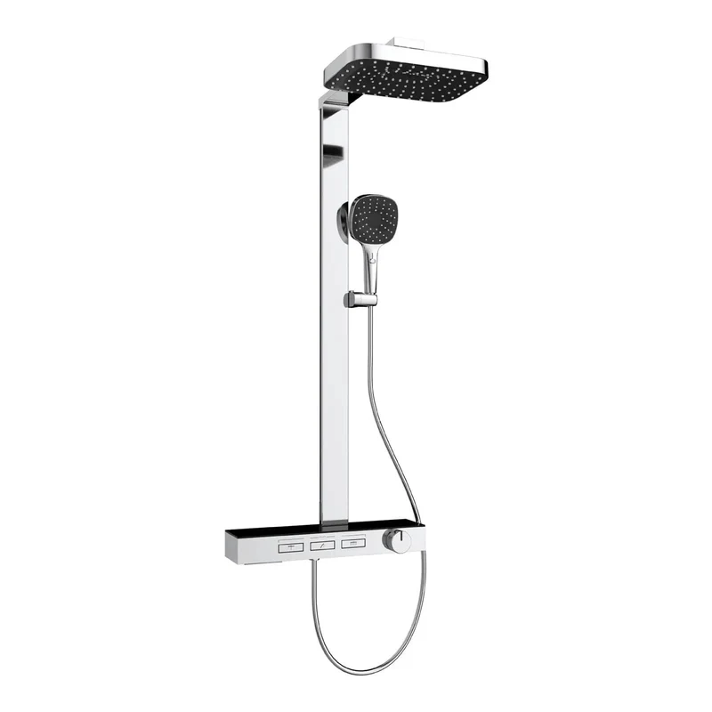 Top Shelf Exposed Wall Mount Shower Faucet System In Bright Chrome With Nifty Piano Key Diverter Switches Featuring Knockout Rain Spray Adjustable Handheld And Smooth Waterfall For Your Master Bath Refresh