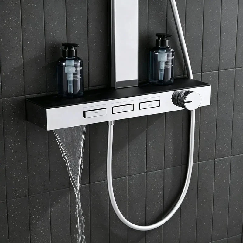 Top Shelf Exposed Wall Mount Shower Faucet System In Bright Chrome With Nifty Piano Key Diverter Switches Featuring Knockout Rain Spray Adjustable Handheld And Smooth Waterfall For Your Master Bath Refresh