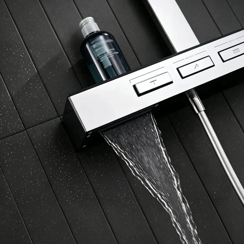 Top Shelf Exposed Wall Mount Shower Faucet System In Bright Chrome With Nifty Piano Key Diverter Switches Featuring Knockout Rain Spray Adjustable Handheld And Smooth Waterfall For Your Master Bath Refresh