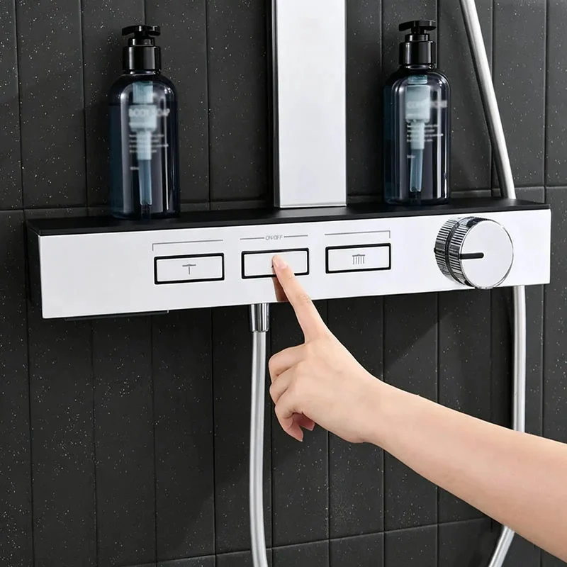 Top Shelf Exposed Wall Mount Shower Faucet System In Bright Chrome With Nifty Piano Key Diverter Switches Featuring Knockout Rain Spray Adjustable Handheld And Smooth Waterfall For Your Master Bath Refresh