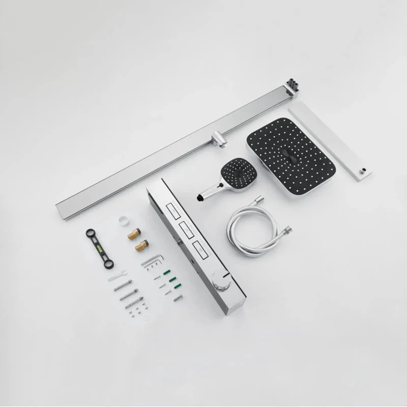 Top Shelf Exposed Wall Mount Shower Faucet System In Bright Chrome With Nifty Piano Key Diverter Switches Featuring Knockout Rain Spray Adjustable Handheld And Smooth Waterfall For Your Master Bath Refresh