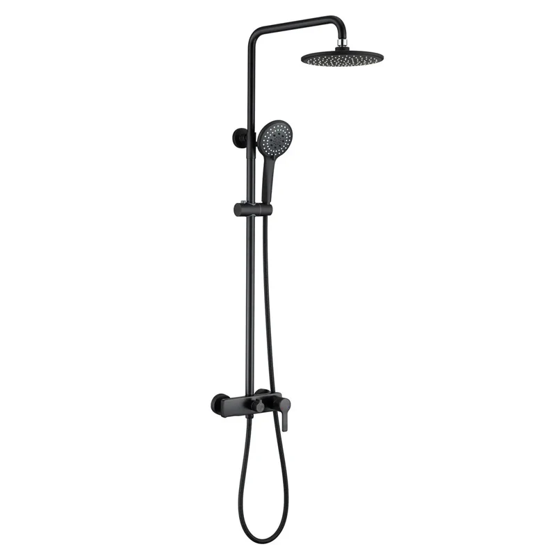 Industrial Copper Exposed Shower System With Waterfall Tub Spout And Wide Rainfall Shower Head Finished In Slick Matte Black For A Badass Bathroom Refresh