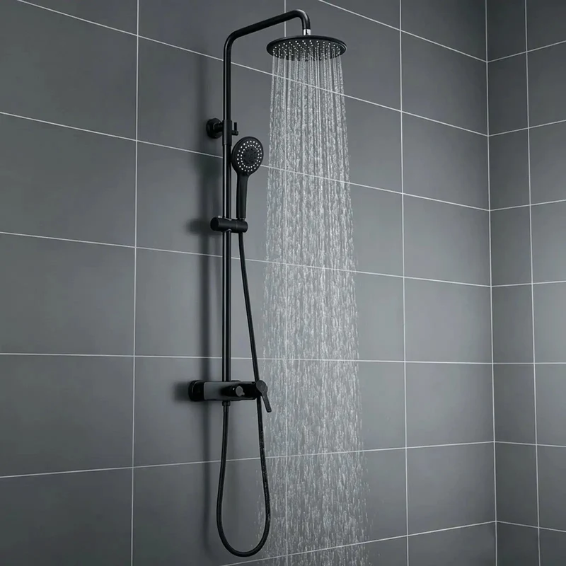 Industrial Copper Exposed Shower System With Waterfall Tub Spout And Wide Rainfall Shower Head Finished In Slick Matte Black For A Badass Bathroom Refresh