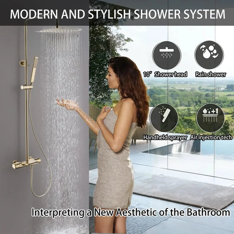 Slick 10 Inch Rain Shower System With Thermostatic Mixing Valve And Wall Mounted Solid Brass Bath Fixture Featuring Handheld Sprayer Air Injected High Pressure Head For Chill Spa Vibes