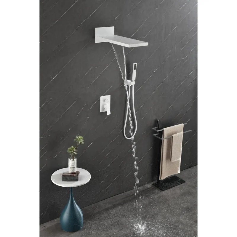Straight Up Rock Solid Wall Mounted Shower System With Smooth Waterfall Rainfall And Handy Handheld Sprayer Built From Heavy Duty Brass And Self Cleaning Silicone To Keep Things Drip Free Always