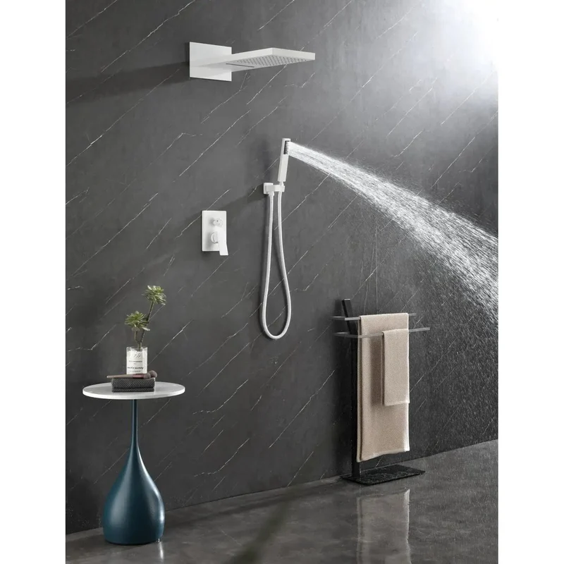 Straight Up Rock Solid Wall Mounted Shower System With Smooth Waterfall Rainfall And Handy Handheld Sprayer Built From Heavy Duty Brass And Self Cleaning Silicone To Keep Things Drip Free Always