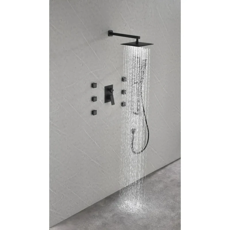 Top Shelf Matte Black Wall Mounted Shower System With Six Heavy Duty Body Sprays And Ergonomic Hand Shower For Hassle Free Bathroom Upgrades That Bring Serious Spa Vibes To Your Space