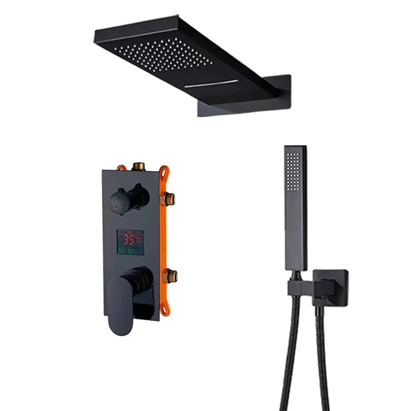 Top Notch Matte Black Digital Shower System Featuring Wall Mounted Rain Waterfall Head With Led Temp Display Valve And Kickin Hot Water Settings For A Slick Bathroom Glow Up That Slays Everyday Showers