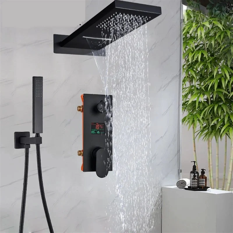 Top Notch Matte Black Digital Shower System Featuring Wall Mounted Rain Waterfall Head With Led Temp Display Valve And Kickin Hot Water Settings For A Slick Bathroom Glow Up That Slays Everyday Showers