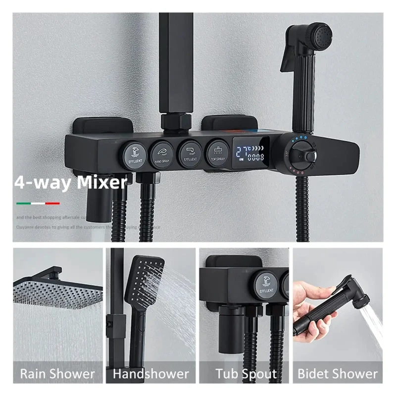 Premium Digital Shower System Hydropower LCD Display Thermostatic Control Smart Flat Switch High Pressure Rainfall Head Air Injection Bathtub Bidet Compatible Black Chrome Finish Four Way Valve Rock Solid Game Changer Upgrade