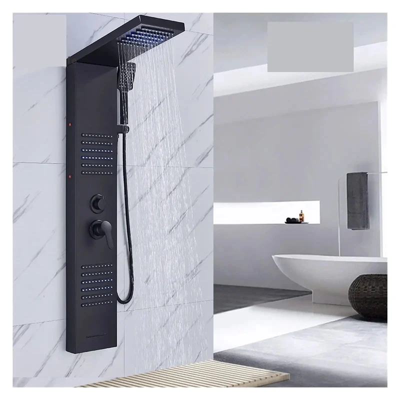 Matte Black Digital Shower Tower Wall Mounted Bath Column with LED Temperature Display Rainfall Showerhead Waterfall Spout Dual Body Jets Handheld Sprayer Dual Handle Heavy Duty Bathroom Set