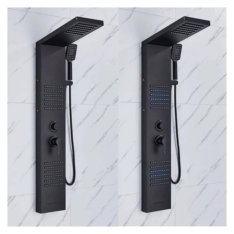 Matte Black Digital Shower Tower Wall Mounted Bath Column with LED Temperature Display Rainfall Showerhead Waterfall Spout Dual Body Jets Handheld Sprayer Dual Handle Heavy Duty Bathroom Set