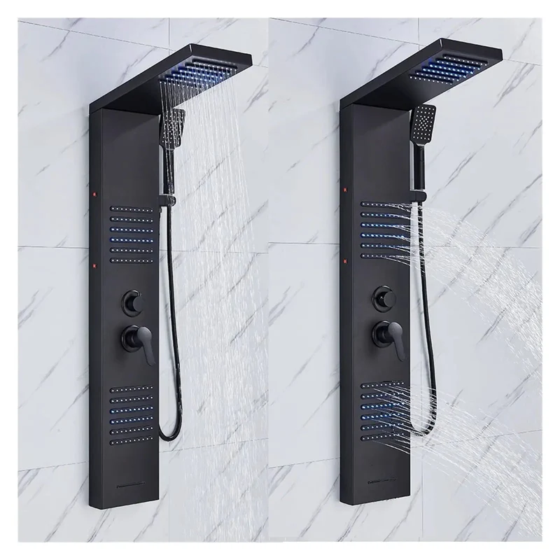 Matte Black Digital Shower Tower Wall Mounted Bath Column with LED Temperature Display Rainfall Showerhead Waterfall Spout Dual Body Jets Handheld Sprayer Dual Handle Heavy Duty Bathroom Set