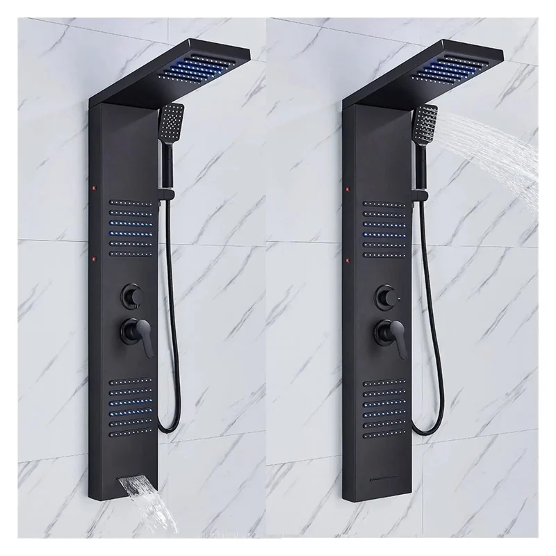 Matte Black Digital Shower Tower Wall Mounted Bath Column with LED Temperature Display Rainfall Showerhead Waterfall Spout Dual Body Jets Handheld Sprayer Dual Handle Heavy Duty Bathroom Set