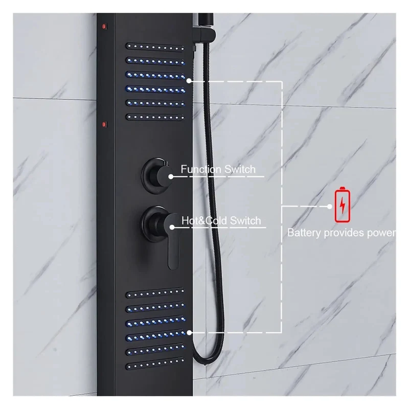 Matte Black Digital Shower Tower Wall Mounted Bath Column with LED Temperature Display Rainfall Showerhead Waterfall Spout Dual Body Jets Handheld Sprayer Dual Handle Heavy Duty Bathroom Set