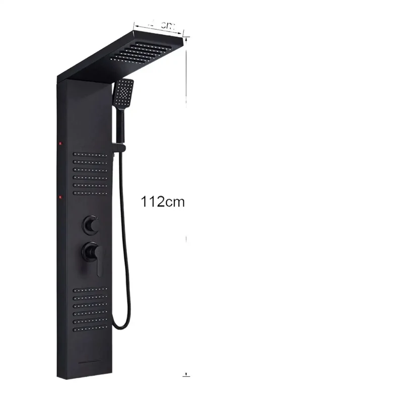Matte Black Digital Shower Tower Wall Mounted Bath Column with LED Temperature Display Rainfall Showerhead Waterfall Spout Dual Body Jets Handheld Sprayer Dual Handle Heavy Duty Bathroom Set