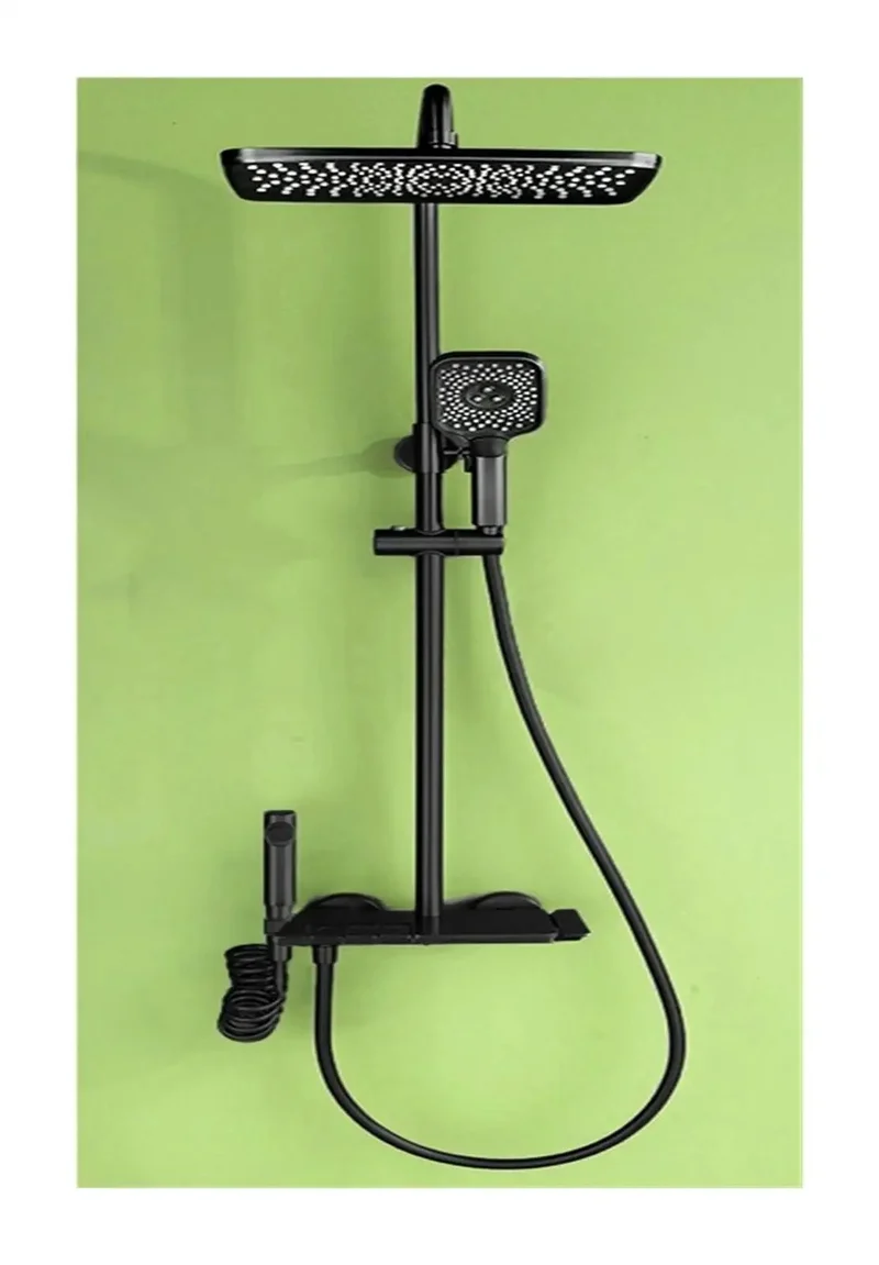 Digital Display Bathroom Shower Faucet Set With Full Body Rainfall Head And High Pressure Handheld Sprayer Featuring 360 Degree Swivel Arm Self Powered Turbine Gauge And Matte Black Square Finish For Sick Daily Chill