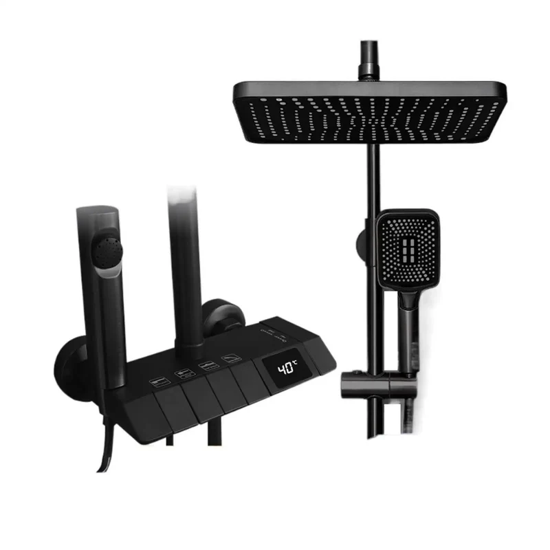Digital Display Bathroom Shower Faucet Set With Full Body Rainfall Head And High Pressure Handheld Sprayer Featuring 360 Degree Swivel Arm Self Powered Turbine Gauge And Matte Black Square Finish For Sick Daily Chill
