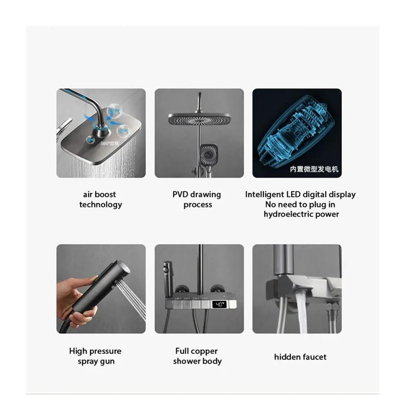 Sleek Black Square Shower Ensemble With Digital Gauge And Flow Triggered Power Full Size Rain Drop Head 360 Adjustable Hand Wand Spa Level Jets No Sweat Bath Upgrade Setup