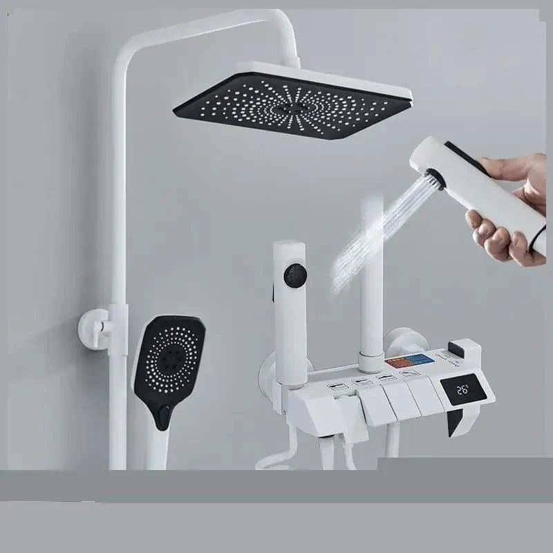 Slick White Digital Shower Set Featuring A Clear LCD Temp Dial Four Direction Rainfall Head Adjustable Mount And Nonslip Silicone Valves That Truly Transform Your Regular Shower Game