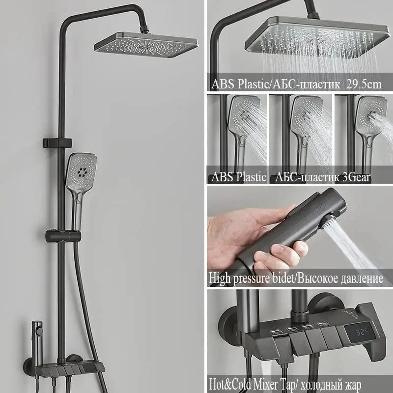 Slick White Digital Shower Set Featuring A Clear LCD Temp Dial Four Direction Rainfall Head Adjustable Mount And Nonslip Silicone Valves That Truly Transform Your Regular Shower Game