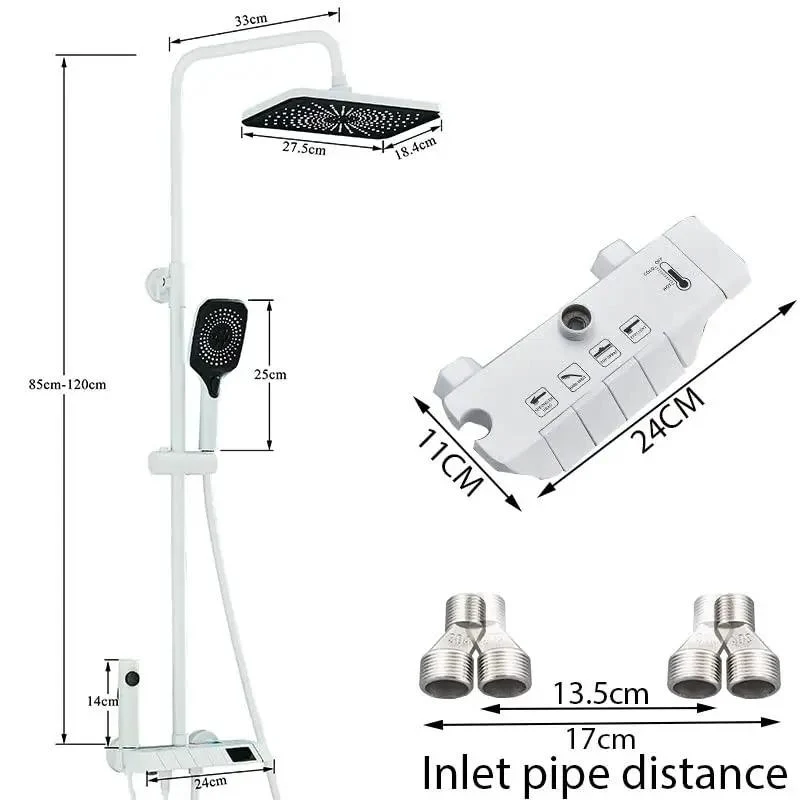 Slick White Digital Shower Set Featuring A Clear LCD Temp Dial Four Direction Rainfall Head Adjustable Mount And Nonslip Silicone Valves That Truly Transform Your Regular Shower Game