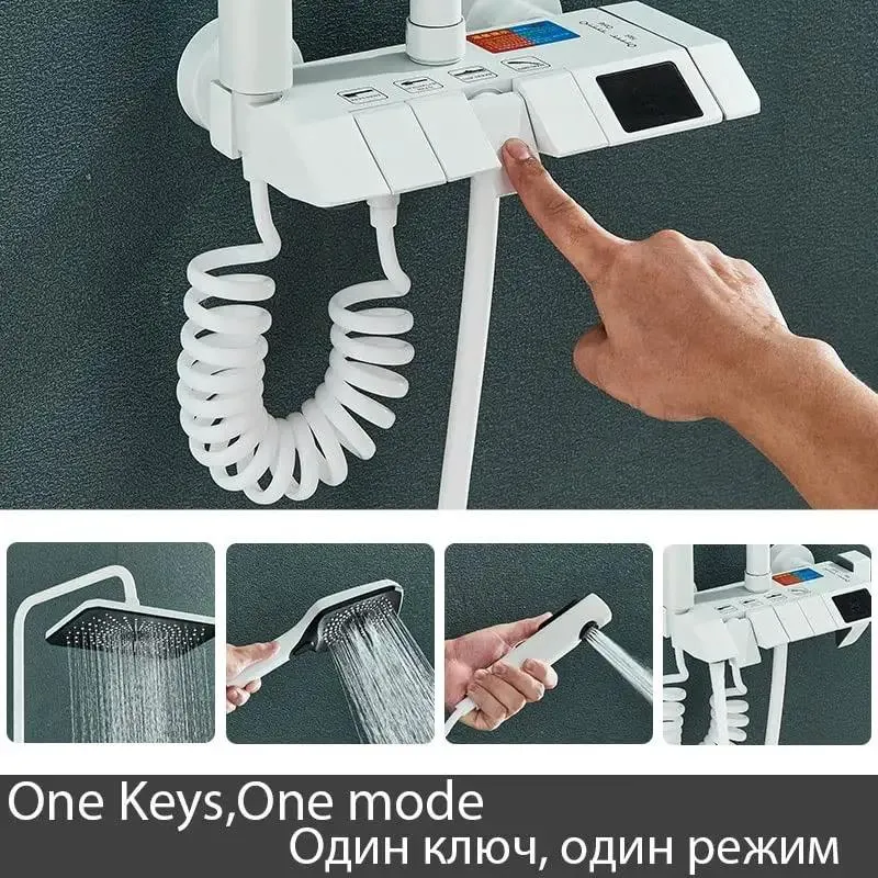 Slick White Digital Shower Set Featuring A Clear LCD Temp Dial Four Direction Rainfall Head Adjustable Mount And Nonslip Silicone Valves That Truly Transform Your Regular Shower Game