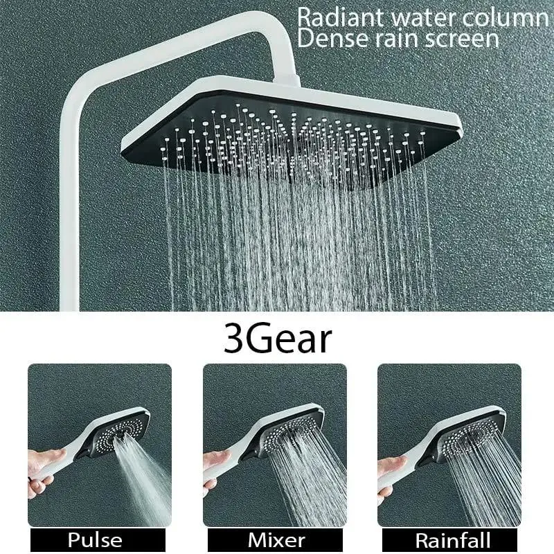 Slick White Digital Shower Set Featuring A Clear LCD Temp Dial Four Direction Rainfall Head Adjustable Mount And Nonslip Silicone Valves That Truly Transform Your Regular Shower Game