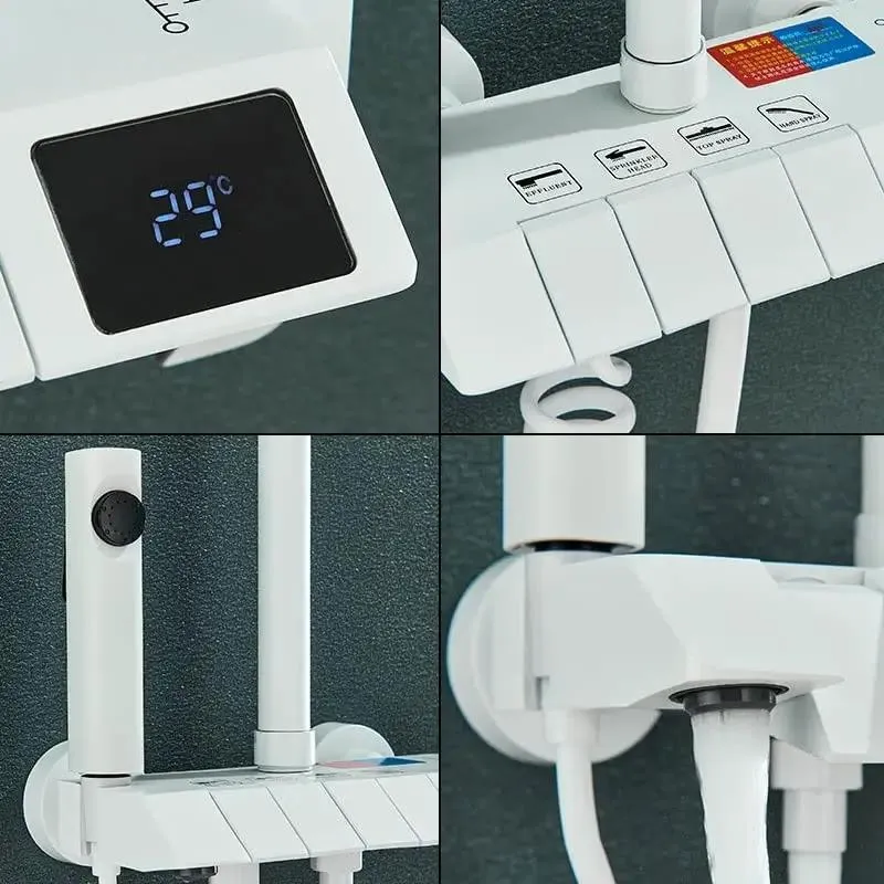 Slick White Digital Shower Set Featuring A Clear LCD Temp Dial Four Direction Rainfall Head Adjustable Mount And Nonslip Silicone Valves That Truly Transform Your Regular Shower Game
