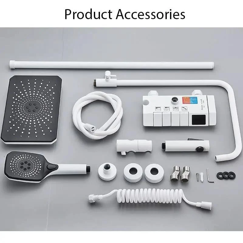 Slick White Digital Shower Set Featuring A Clear LCD Temp Dial Four Direction Rainfall Head Adjustable Mount And Nonslip Silicone Valves That Truly Transform Your Regular Shower Game