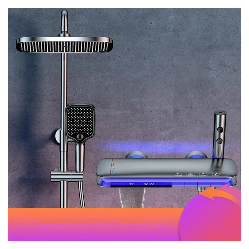 Solid Brass Digital Shower System With Led Display, Wall Mounted Gray Brushed Waterfall Faucet, Rain Shower Head, Bulletproof Piano Shower Set For Bathrooms, Rust Resistant Heavy Duty Fixture
