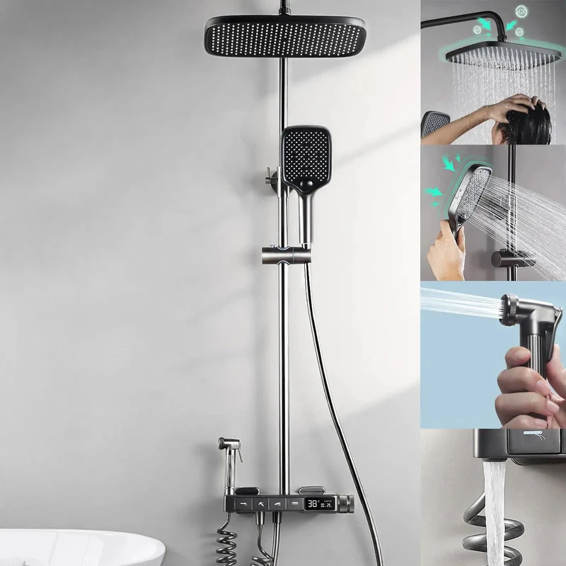Slick Thermostatic Shower System With Digital Display And Rain Shower Head Featuring Precise 40 Degree Memory And 4 Function Mixer Valve For Bathtub High Flow Water Control And Easy Peasy Upgrade For Your Home Bath Game