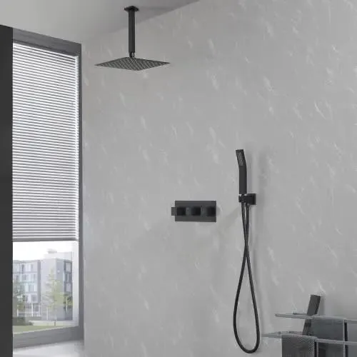 10 Inch Square Ceiling Rainfall Shower Kit With Matte Black Handheld Sprayer Featuring Pressure Balanced Valve And Solid Brass Construction For Straight Up Home Spa Vibes