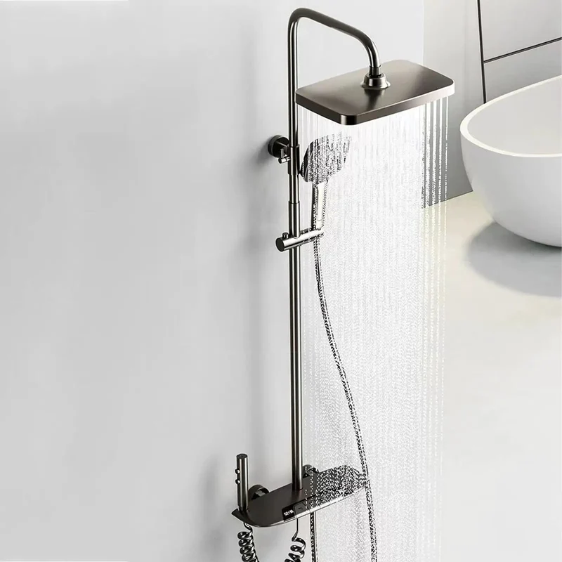 Slick Thermostatic Shower System With No Plug Hassle Led Temp Gauge Large Rainfall Head Adjustable Height Four Function Valve And Reliable Bidet Sprayer Smooth Gray Finish