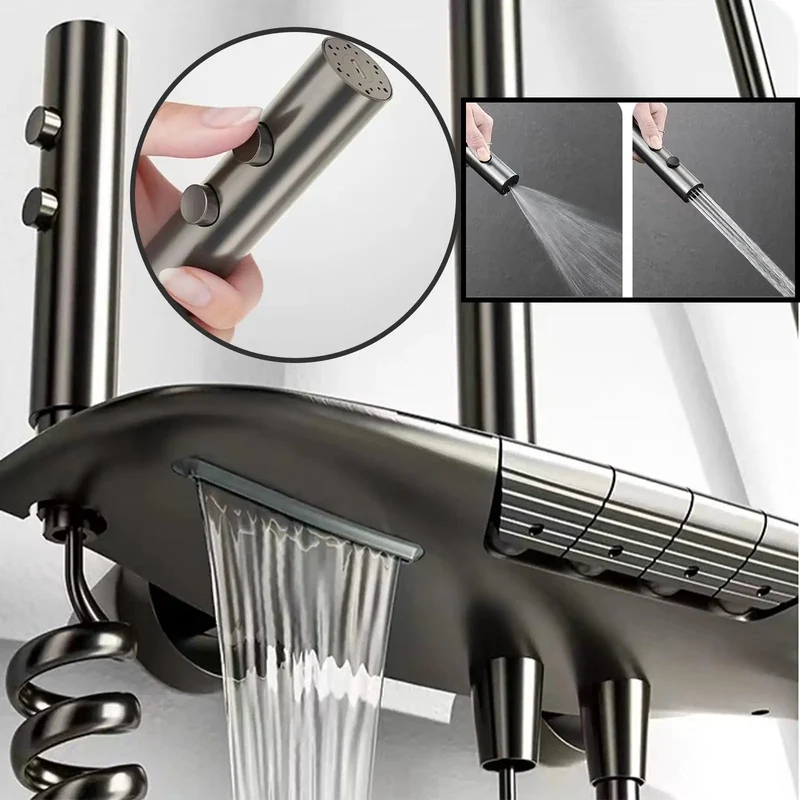 Slick Thermostatic Shower System With No Plug Hassle Led Temp Gauge Large Rainfall Head Adjustable Height Four Function Valve And Reliable Bidet Sprayer Smooth Gray Finish