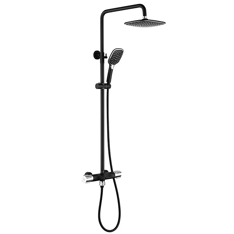 Top Shelf Wall Mount Shower System With Pressure Boosting Rain Head And Triple Mode Handheld Sprayer Plus Hidden Waterfall Tub Spout Double Handle Faucet In Slick Black Chrome
