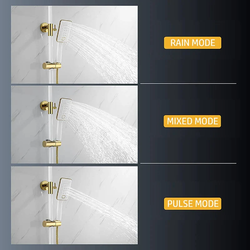 Top Shelf Wall Mount Shower System With Pressure Boosting Rain Head And Triple Mode Handheld Sprayer Plus Hidden Waterfall Tub Spout Double Handle Faucet In Slick Black Chrome