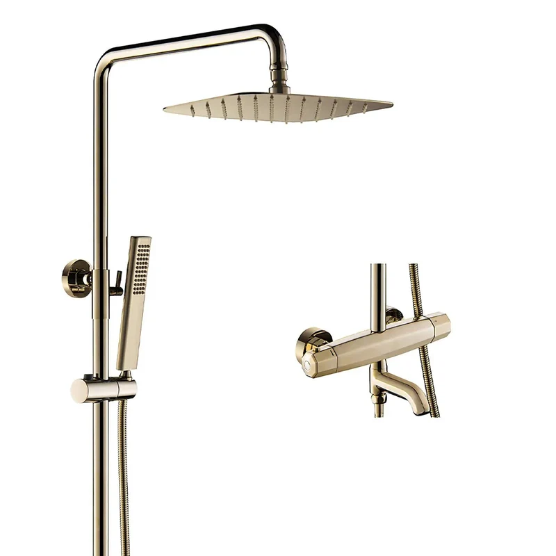 Wall Mounted Gold Shower System With Rainfall Head And Tub Spout Boasting Water Bubble Tech That Keeps Things Slick And Quiet This Heavy Duty Three Way Bathroom Faucet Set Delivers Soft Spray Action For That Top Shelf Soaking Experience