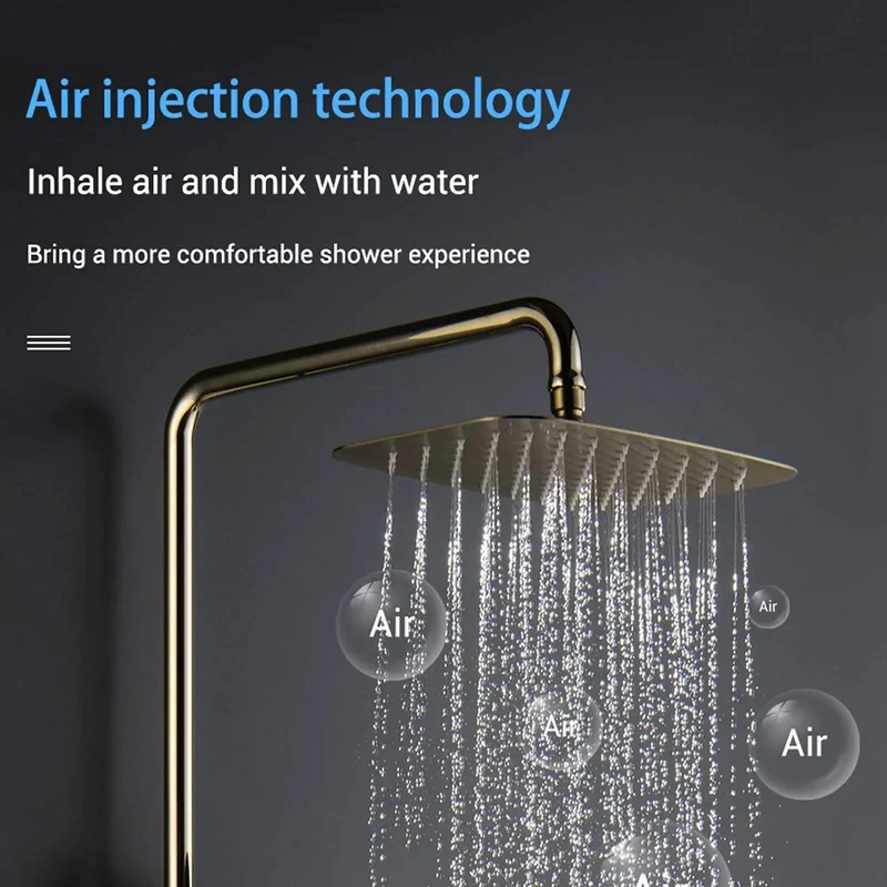 Wall Mounted Gold Shower System With Rainfall Head And Tub Spout Boasting Water Bubble Tech That Keeps Things Slick And Quiet This Heavy Duty Three Way Bathroom Faucet Set Delivers Soft Spray Action For That Top Shelf Soaking Experience