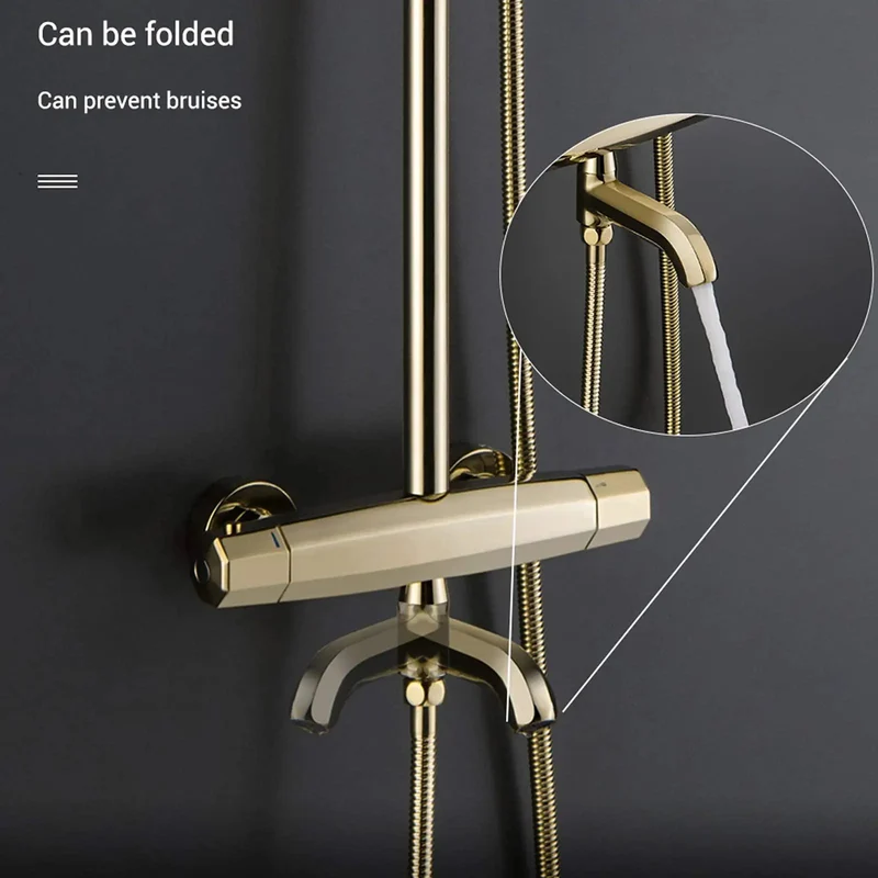 Wall Mounted Gold Shower System With Rainfall Head And Tub Spout Boasting Water Bubble Tech That Keeps Things Slick And Quiet This Heavy Duty Three Way Bathroom Faucet Set Delivers Soft Spray Action For That Top Shelf Soaking Experience